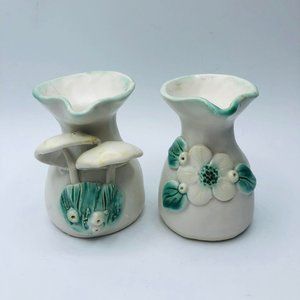 Pair of vintage handcrafted pottery pitcher vases mushrooms
